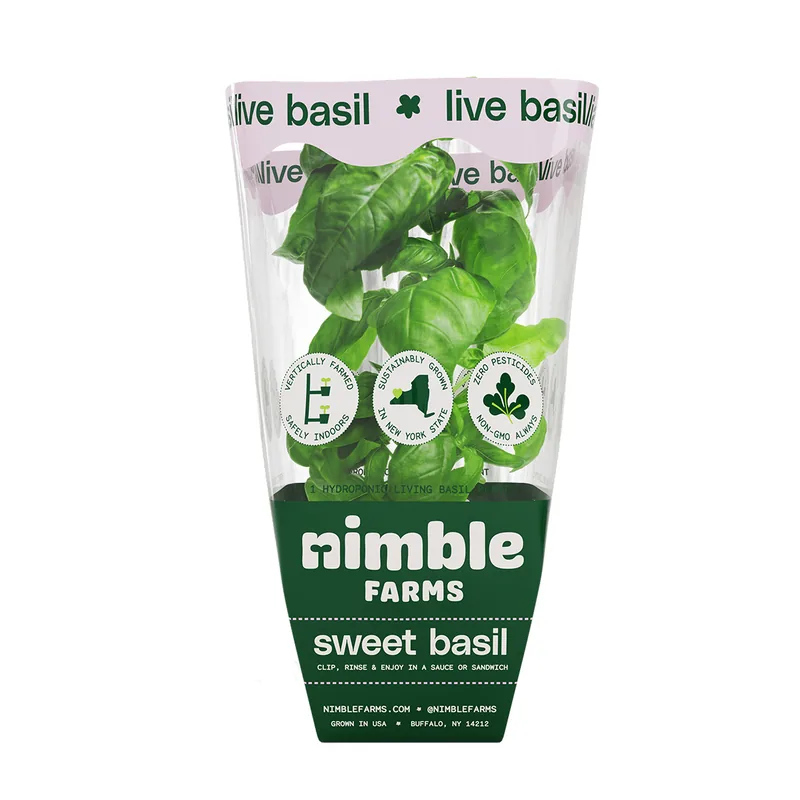 Nimble Farms live basil plant with roots in a clear sleeve