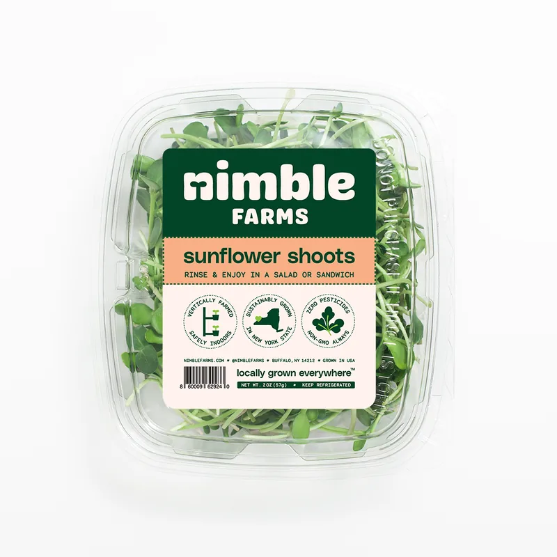 Nimble Farms sunflower shoots microgreens in a clear clamshell