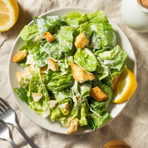 Homemade Healthy Romaine Caesar Salad with Dressing and Croutons